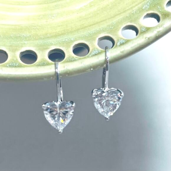 Vtg Sterling Silver 925 Cz Heart Cz Lever Back Earrings Simulated Diamond - Picture 3 of 8